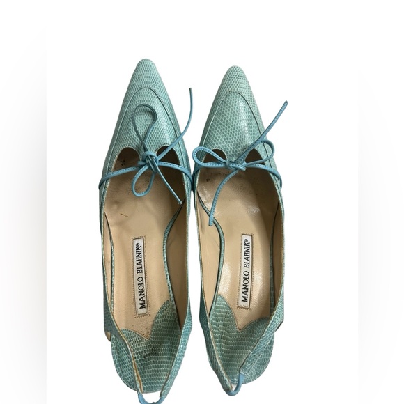 MANOLO BLAHNIK Reptile Skin Leather SHOES Slingbacks Heels Pump blue size 37 - Picture 11 of 15